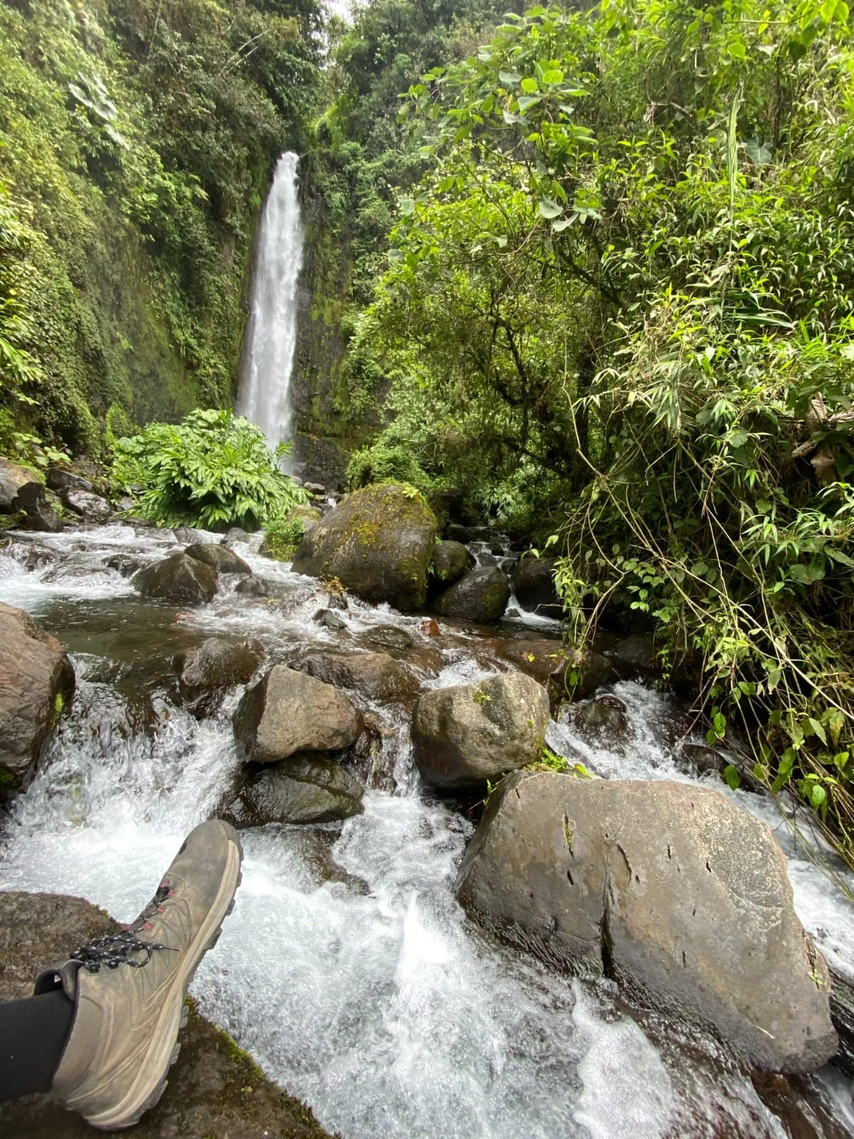 Waterfall flowing through a rocky forest in Turrialba